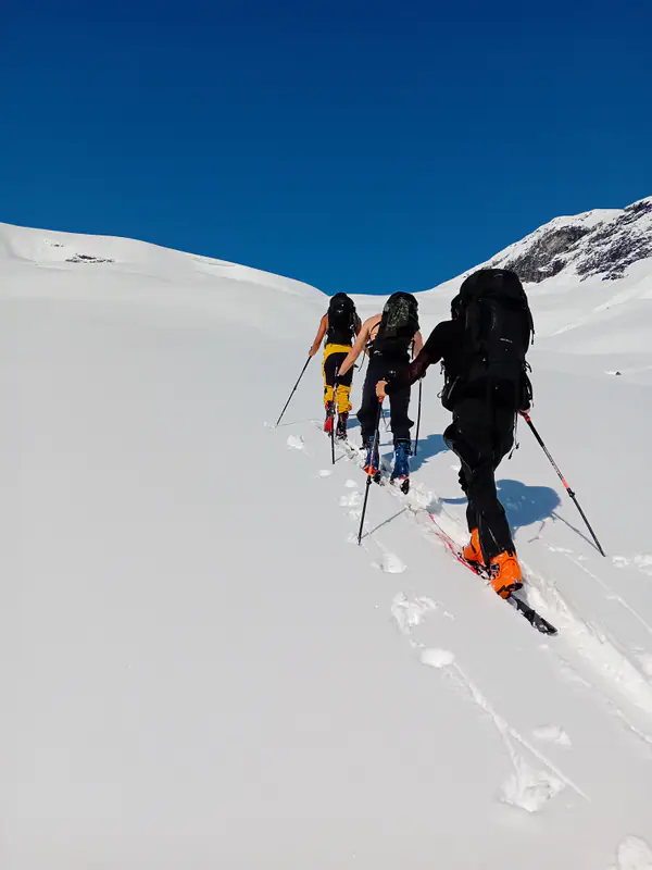 Kursdeltakere på vei opp snøbakke med toppturski